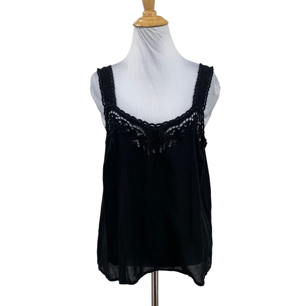 Paneros Tank Womens XL Black Iris Embroidered Sleeveless Crochet Cutout Trim Top